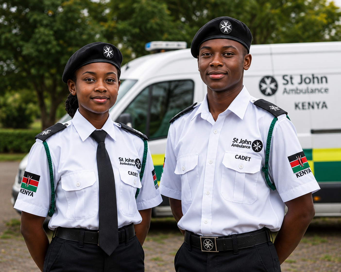 St John's Ambulance Kenya cadets in uniform beside ambulance van